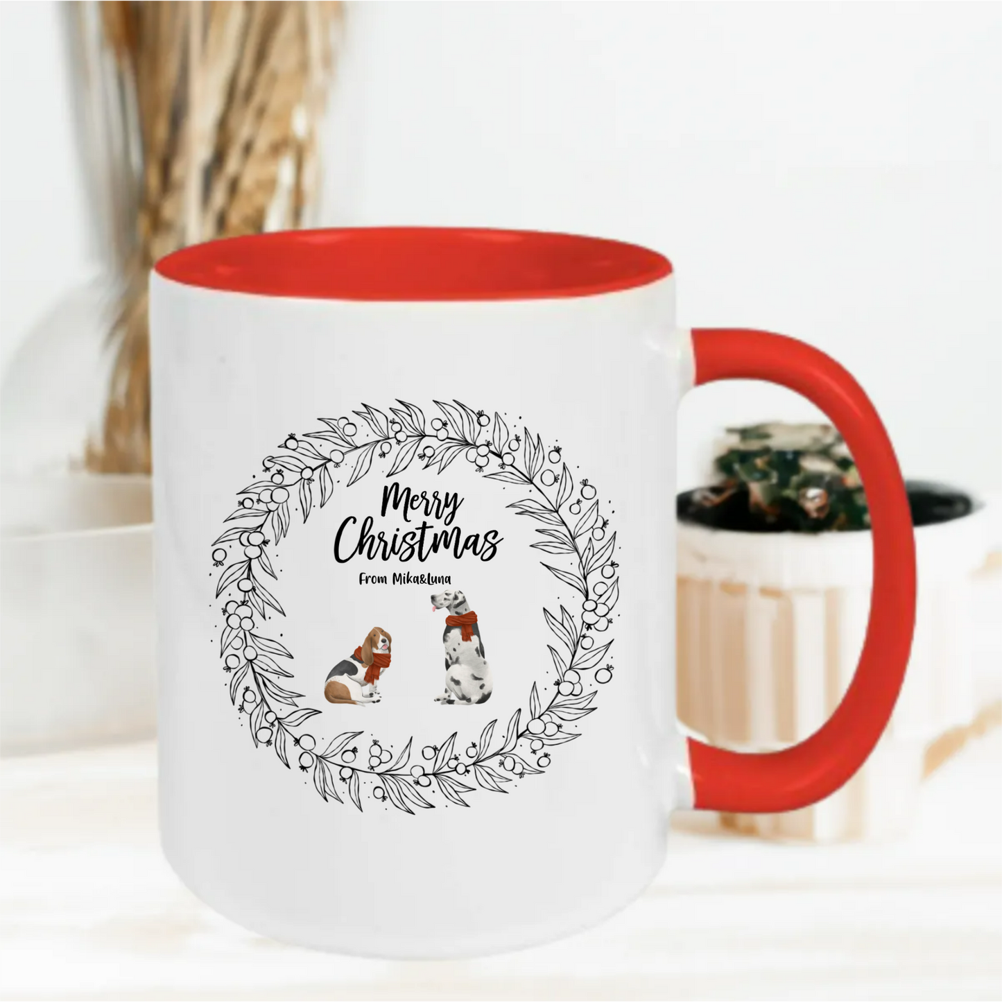 Gepersonaliseerde Merry Christmas Mok met Huisdieren & Krans