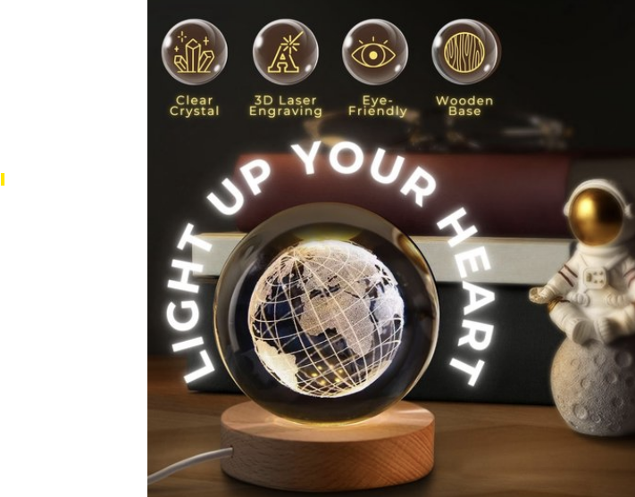 3D Kristallen Universe LED Lamp – Glas Bol met Houten Basis – Nachtlamp & Cadeau
