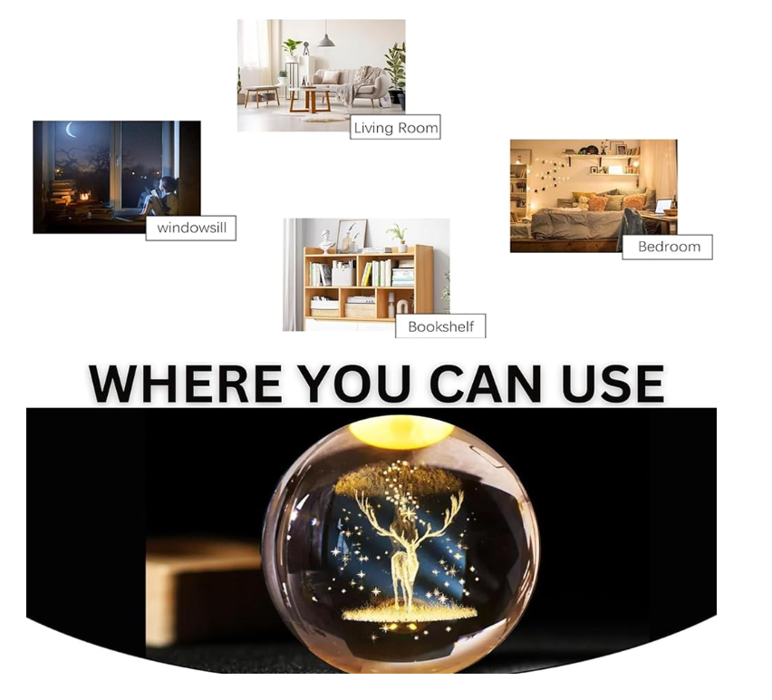 3D Kristallen Herten Lamp – LED Glasbol op Houten Basis – Nachtlamp & Luxe Cadeau Idee