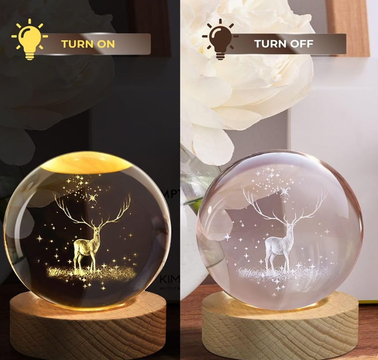 3D Kristallen Herten Lamp – LED Glasbol op Houten Basis – Nachtlamp & Luxe Cadeau Idee