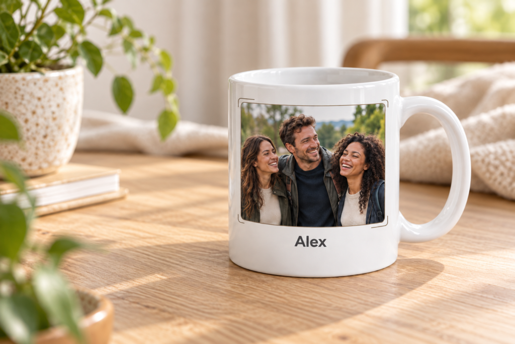 Persoonlijke mok met foto op een houten tafel